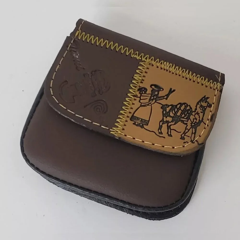 PERUVIAN GENUINE LEATHER PURSE COINS MEN'S WOMEN'S EMBOSSED LOGO DESIGN WALLET